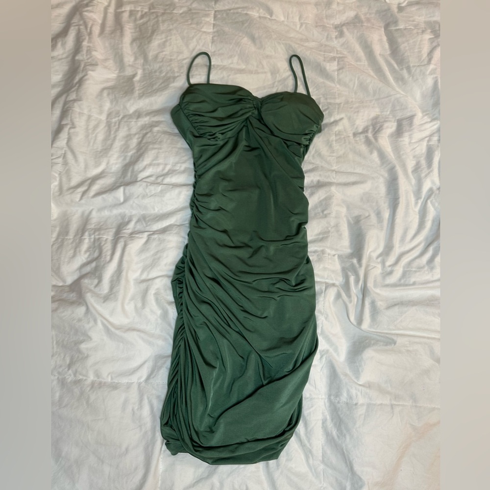 Ruched sage green midi dress